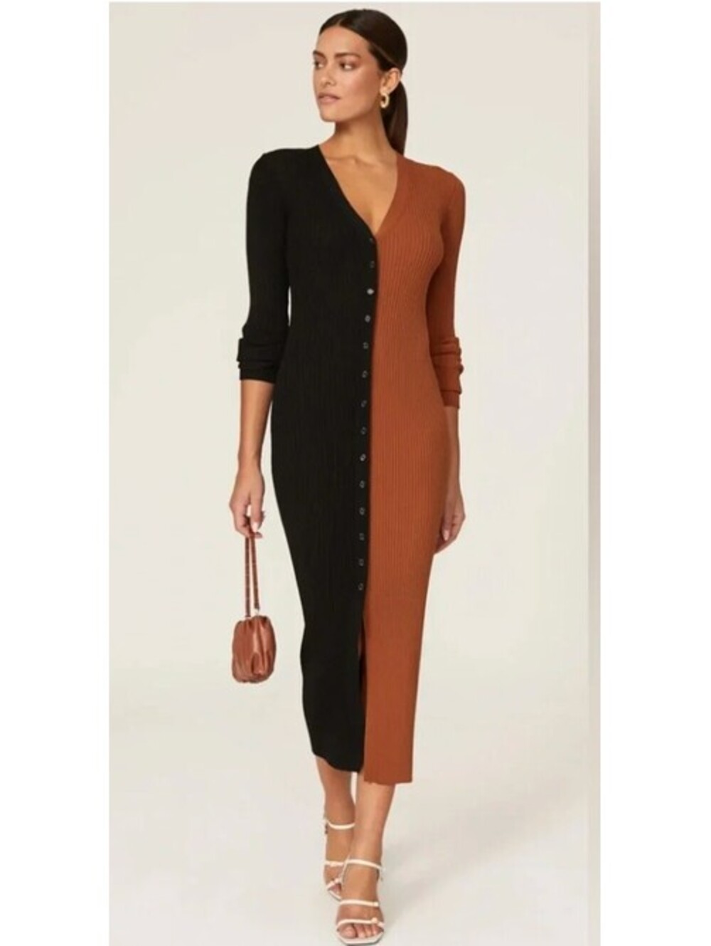 STAUD Ribbed Knit Button-Front Midi Dress XS Black and Brown